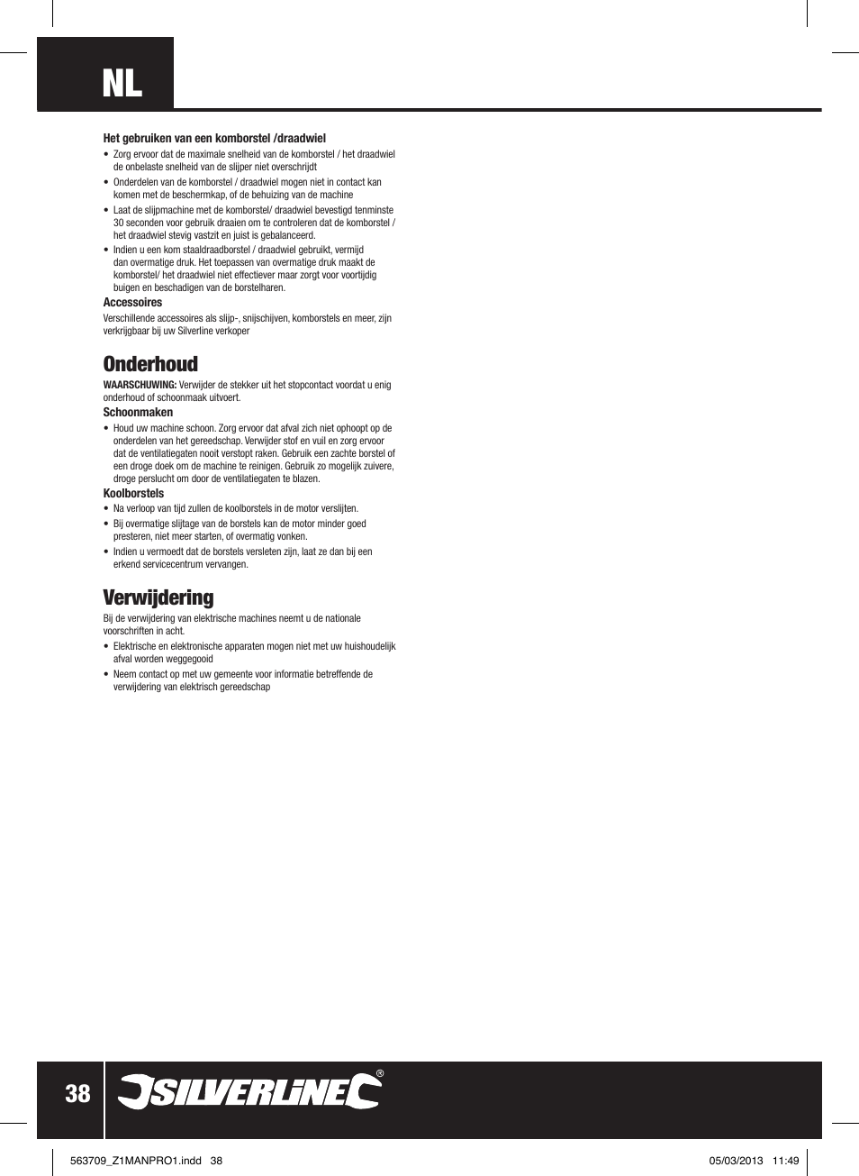 Onderhoud, Verwijdering | Silverline 800W Angle Grinder 115mm User Manual | Page 39 / 40