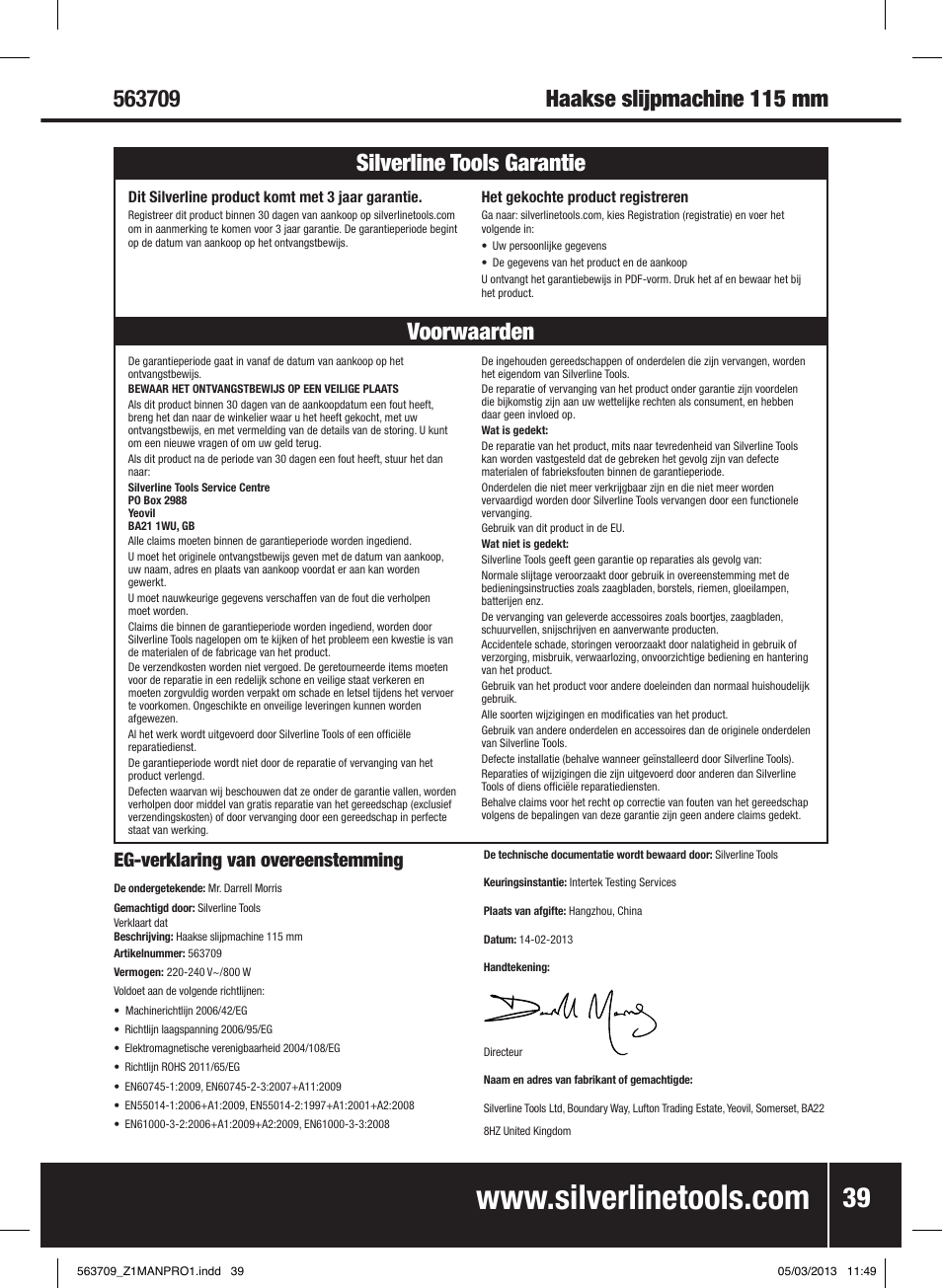 Voorwaarden silverline tools garantie, Eg-verklaring van overeenstemming | Silverline 800W Angle Grinder 115mm User Manual | Page 40 / 40