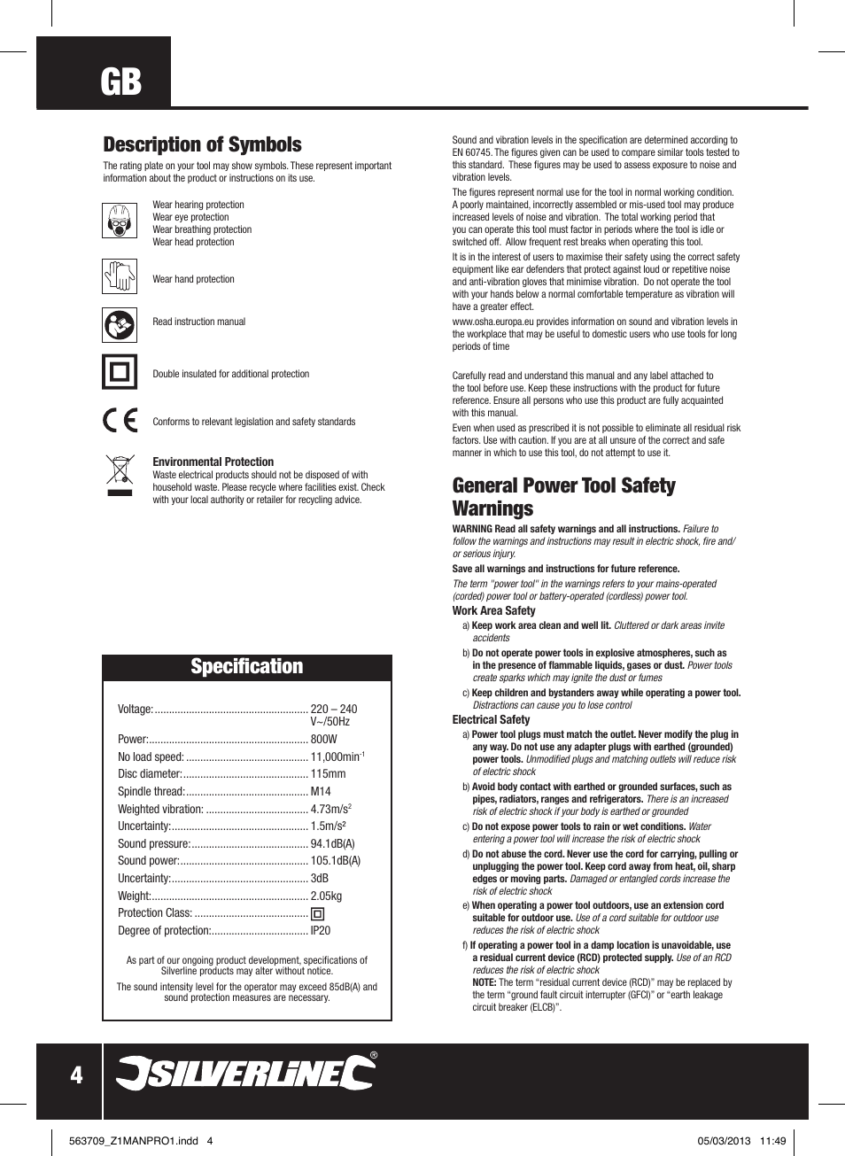 General power tool safety warnings, Description of symbols, Specification | Silverline 800W Angle Grinder 115mm User Manual | Page 5 / 40