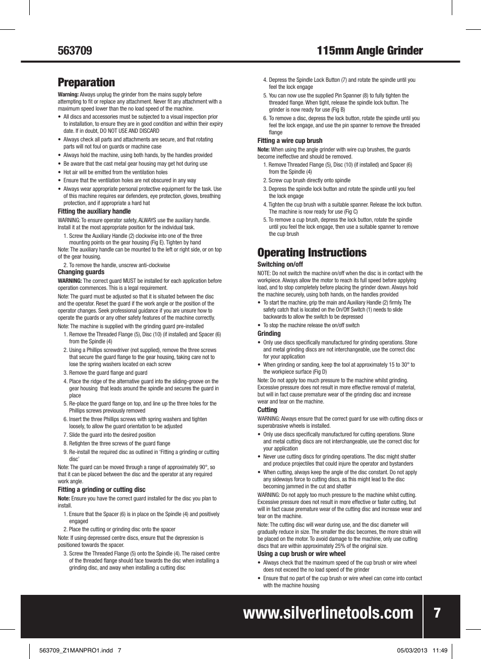 Operating instructions | Silverline 800W Angle Grinder 115mm User Manual | Page 8 / 40