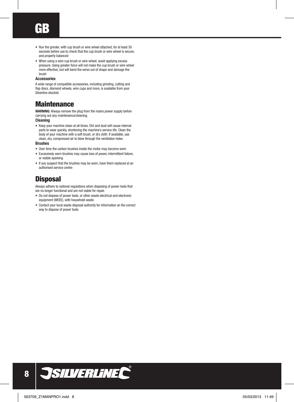 Maintenance, Disposal | Silverline 800W Angle Grinder 115mm User Manual | Page 9 / 40
