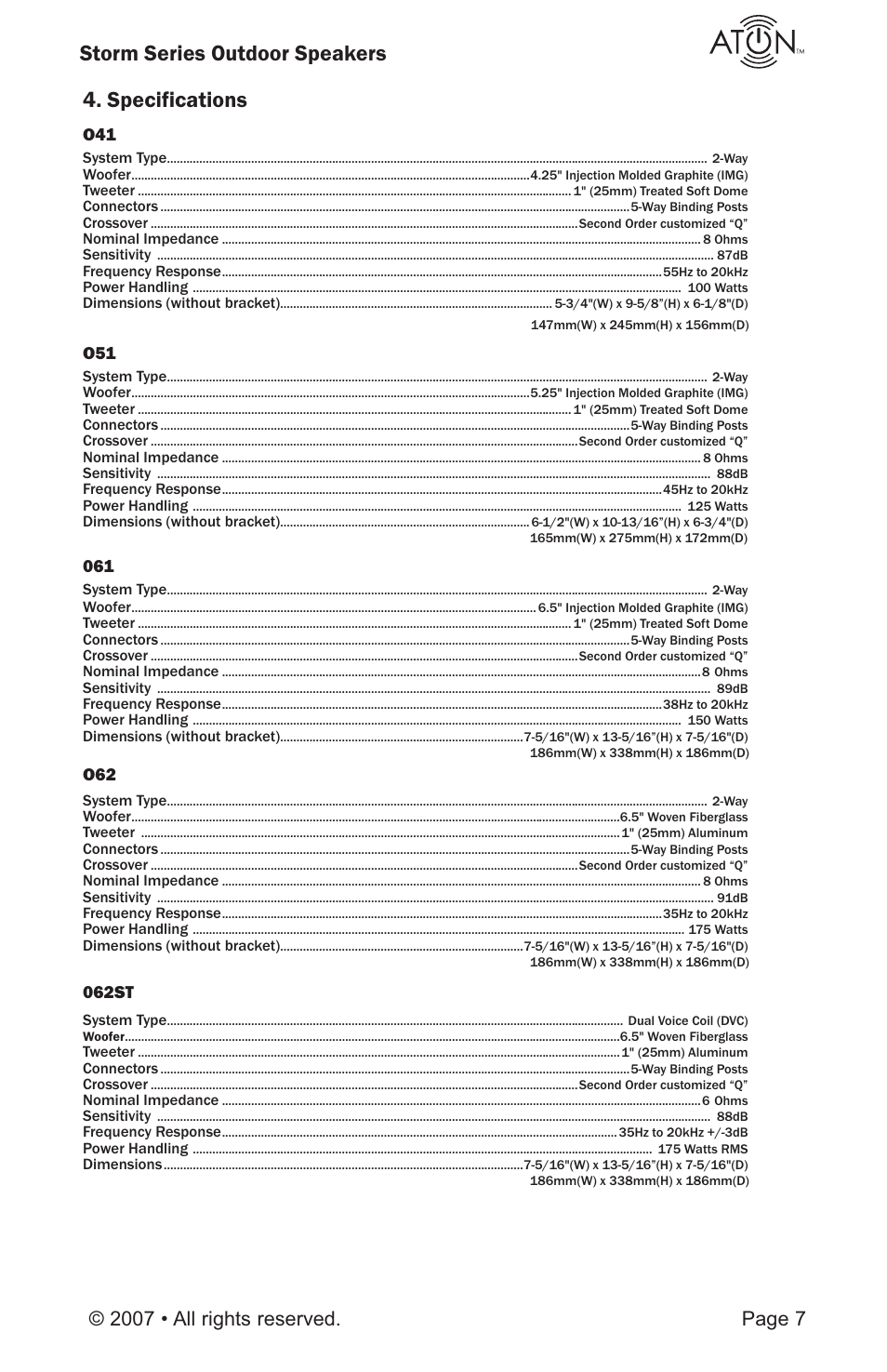 Storm series outdoor speakers 4. specifications, 062st | ATON O41 User Manual | Page 9 / 12