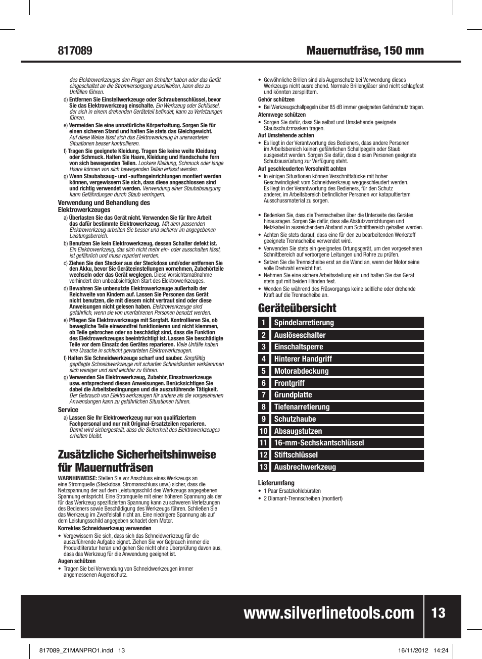 Zusätzliche sicherheitshinweise für mauernutfräsen, Geräteübersicht | Silverline 1600W Wall Chaser 150mm User Manual | Page 14 / 28