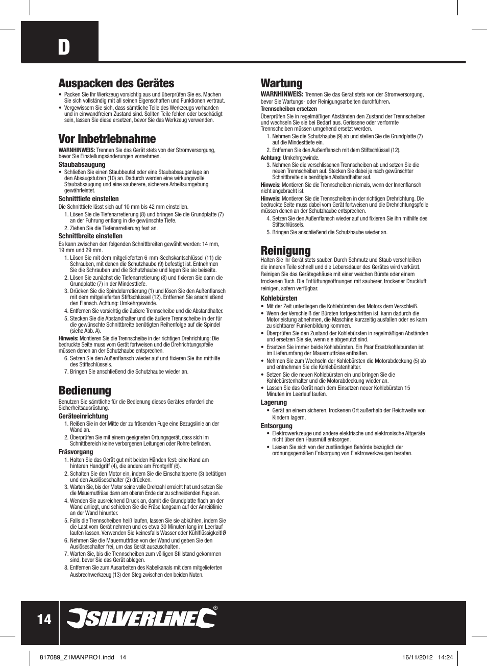 Wartung, Reinigung, Auspacken des gerätes | Vor inbetriebnahme, Bedienung | Silverline 1600W Wall Chaser 150mm User Manual | Page 15 / 28