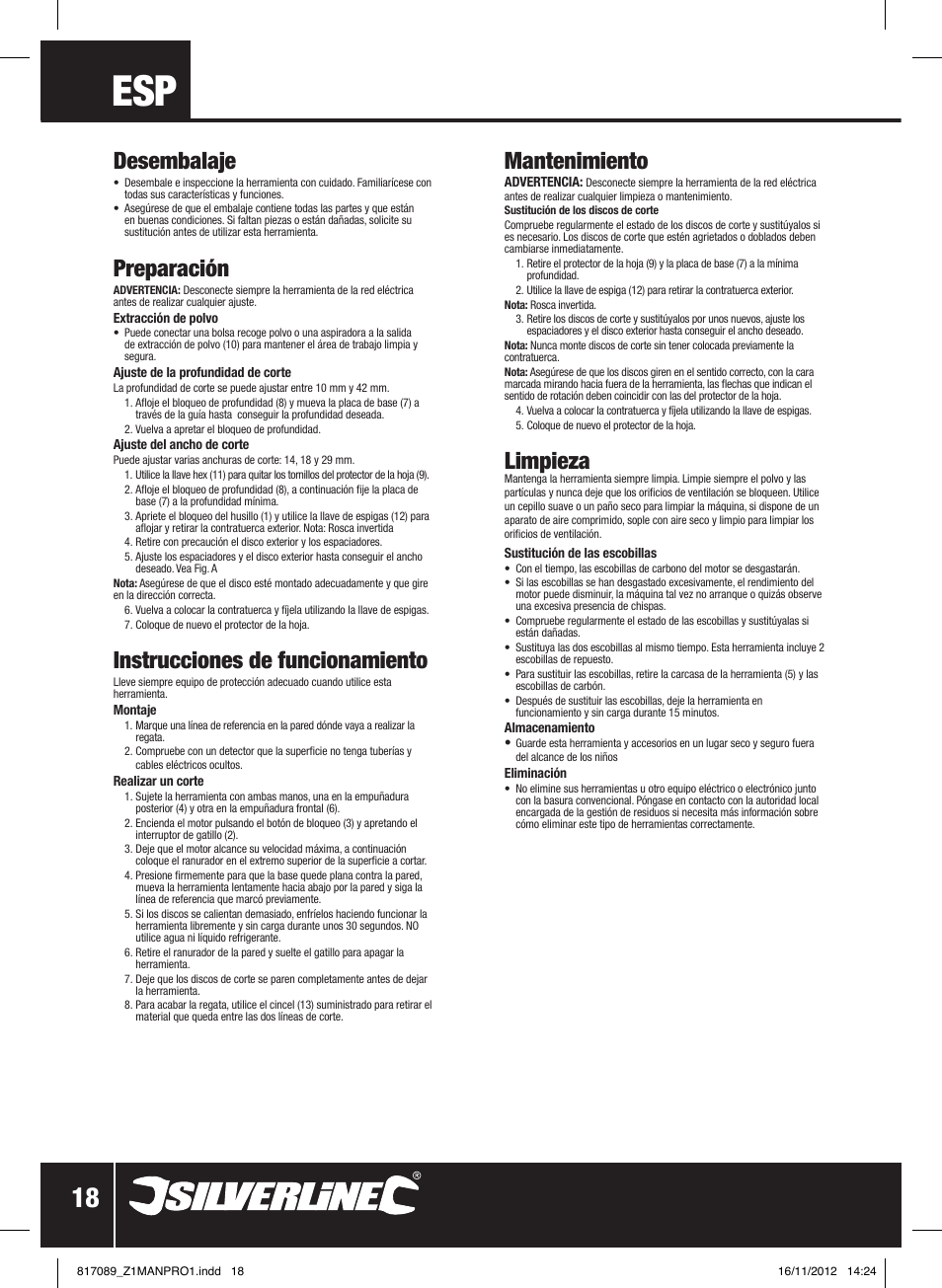 Desembalaje, Preparación, Instrucciones de funcionamiento | Mantenimiento, Limpieza | Silverline 1600W Wall Chaser 150mm User Manual | Page 19 / 28