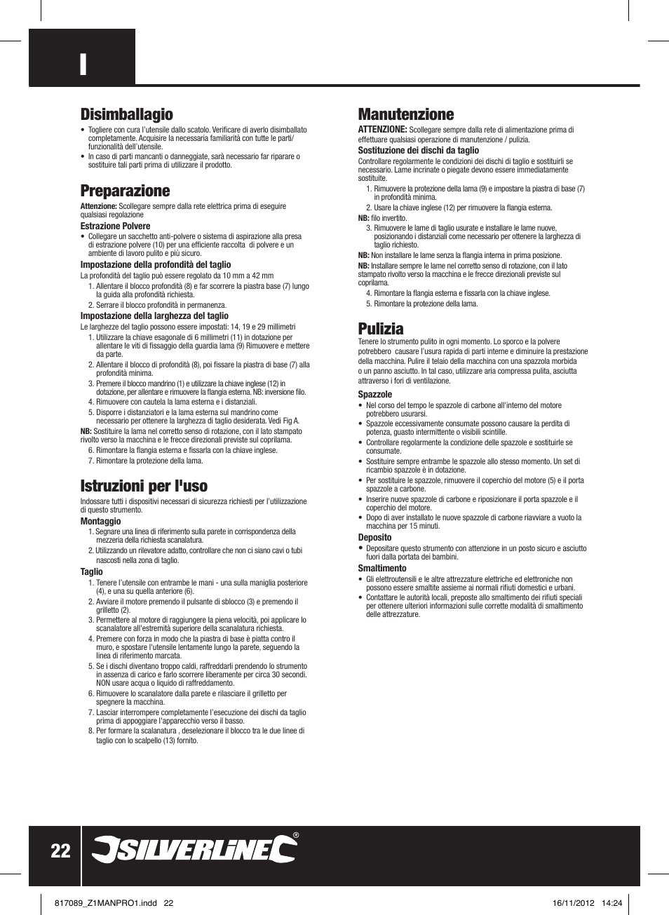 Manutenzione, Pulizia, Disimballagio | Preparazione, Istruzioni per l'uso | Silverline 1600W Wall Chaser 150mm User Manual | Page 23 / 28