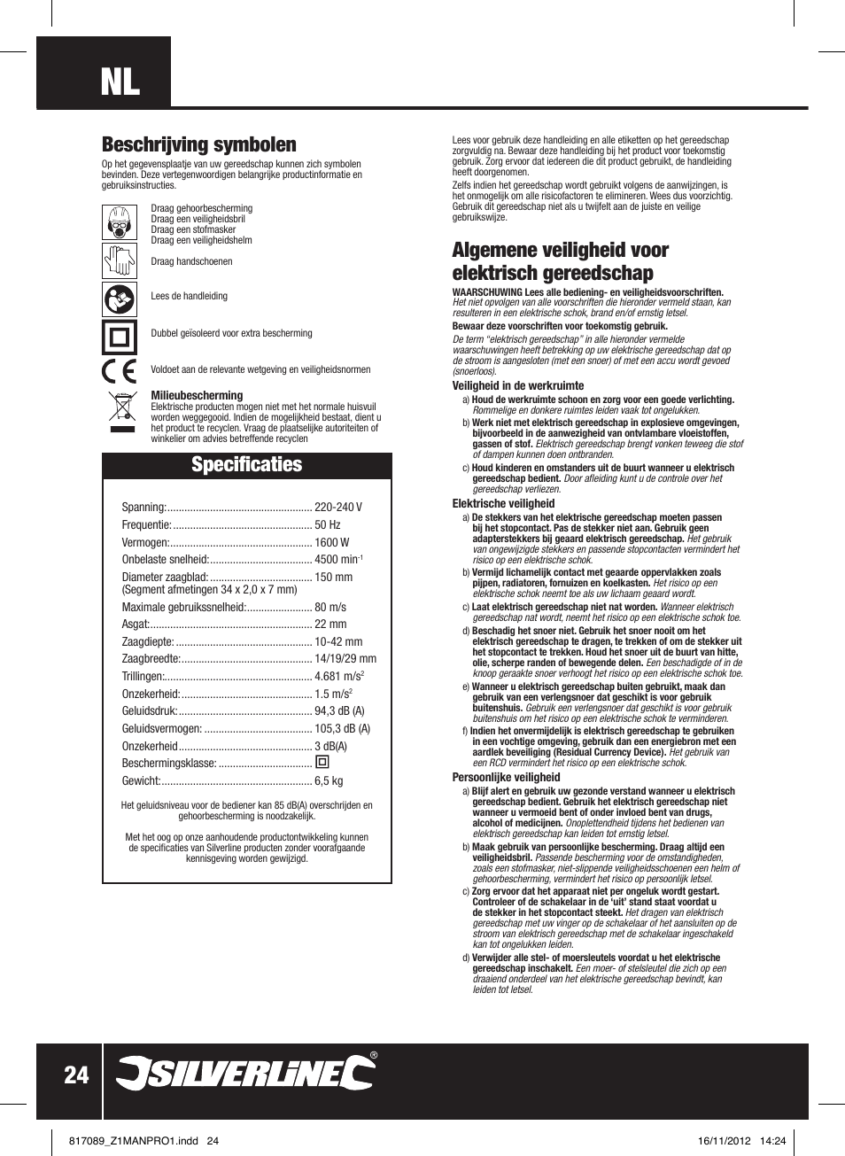 Algemene veiligheid voor elektrisch gereedschap, Specificaties, Beschrijving symbolen | Silverline 1600W Wall Chaser 150mm User Manual | Page 25 / 28