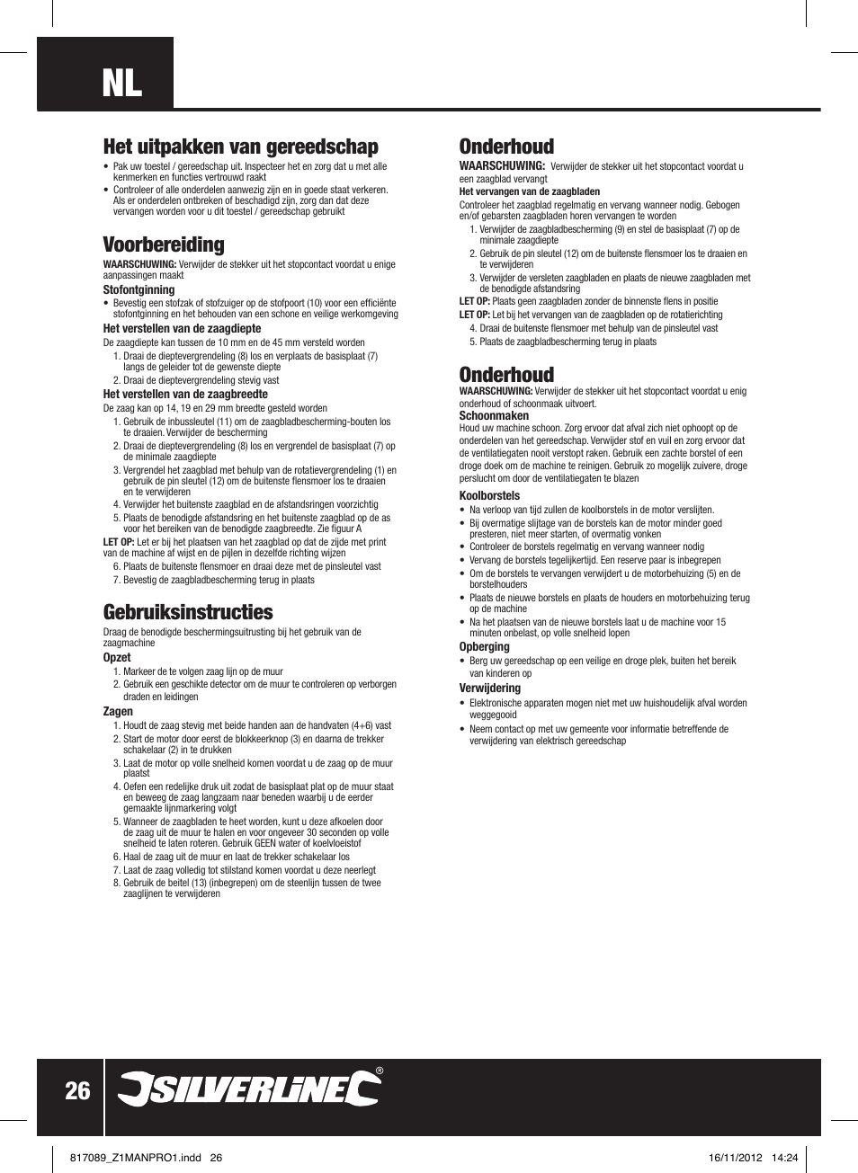 Onderhoud, Het uitpakken van gereedschap, Voorbereiding | Gebruiksinstructies | Silverline 1600W Wall Chaser 150mm User Manual | Page 27 / 28