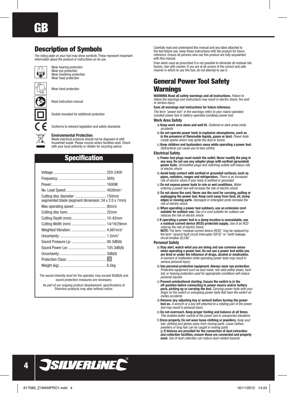 General power tool safety warnings, Specification, Description of symbols | Silverline 1600W Wall Chaser 150mm User Manual | Page 5 / 28