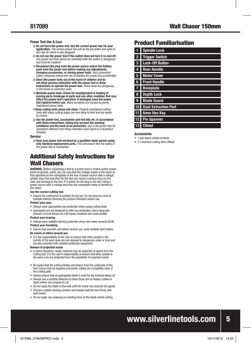 Additional safety instructions for wall chasers, Product familiarisation | Silverline 1600W Wall Chaser 150mm User Manual | Page 6 / 28