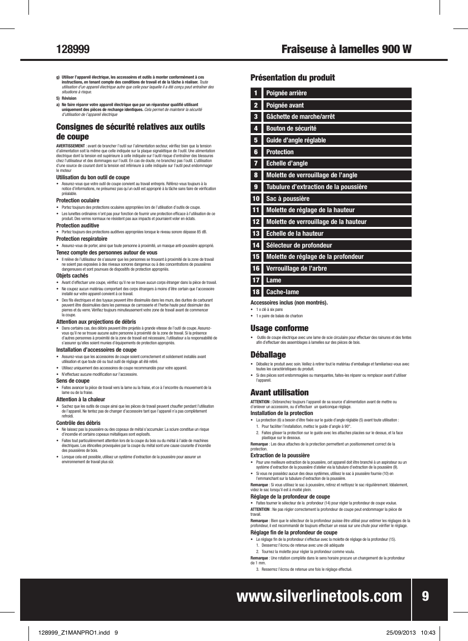 Fraiseuse à lamelles 900 w, Usage conforme, Déballage | Avant utilisation, Présentation du produit | Silverline 900W Biscuit Joiner User Manual | Page 10 / 28