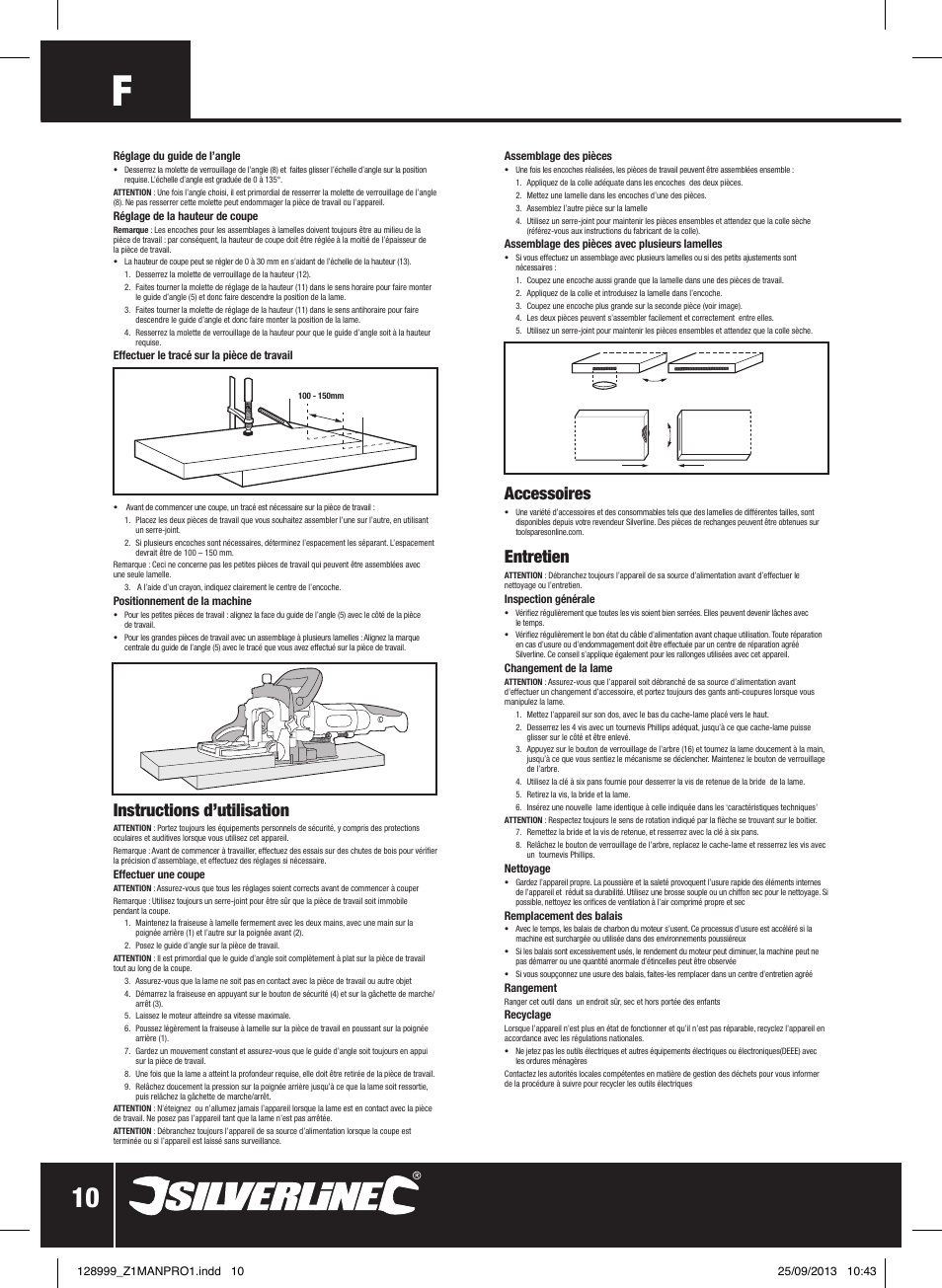 Instructions d’utilisation, Accessoires, Entretien | Silverline 900W Biscuit Joiner User Manual | Page 11 / 28