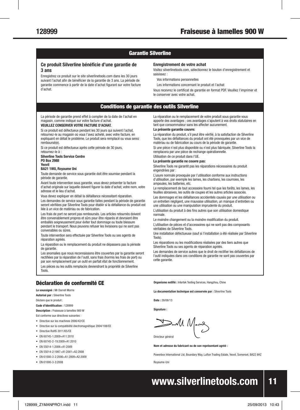 Déclaration de conformité ce | Silverline 900W Biscuit Joiner User Manual | Page 12 / 28
