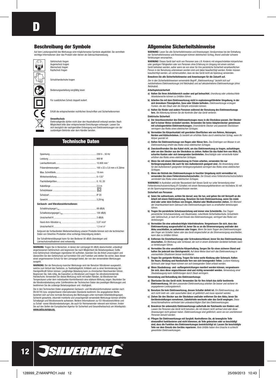 Technische daten, Allgemeine sicherheitshinweise, Beschreibung der symbole | Silverline 900W Biscuit Joiner User Manual | Page 13 / 28