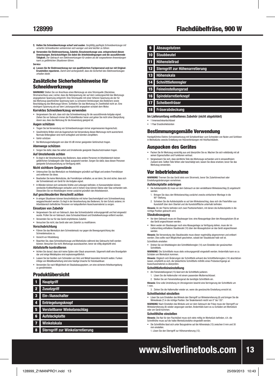 Flachdübelfräse, 900 w, Bestimmungsgemäße verwendung, Auspacken des gerätes | Vor inbetriebnahme, Produktübersicht | Silverline 900W Biscuit Joiner User Manual | Page 14 / 28