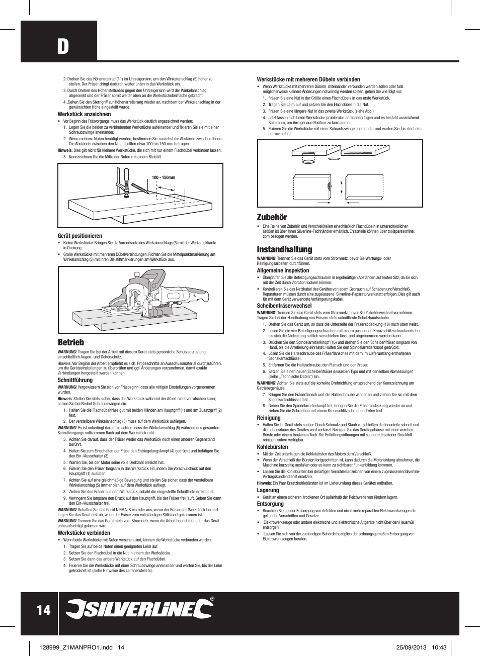 Betrieb, Zubehör, Instandhaltung | Silverline 900W Biscuit Joiner User Manual | Page 15 / 28