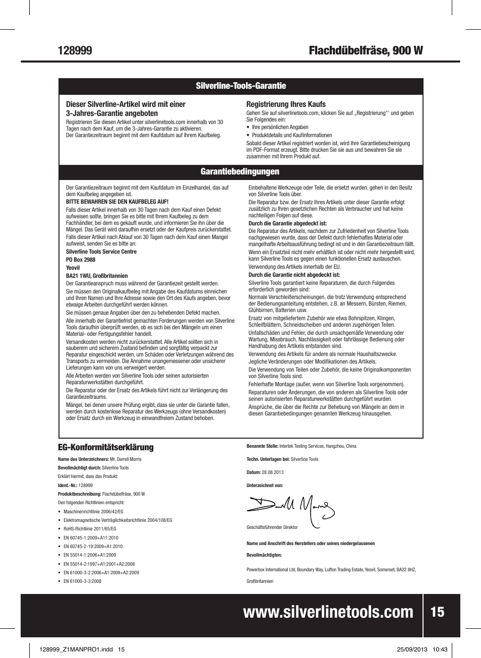 Eg-konformitätserklärung, Garantiebedingungen silverline-tools-garantie | Silverline 900W Biscuit Joiner User Manual | Page 16 / 28