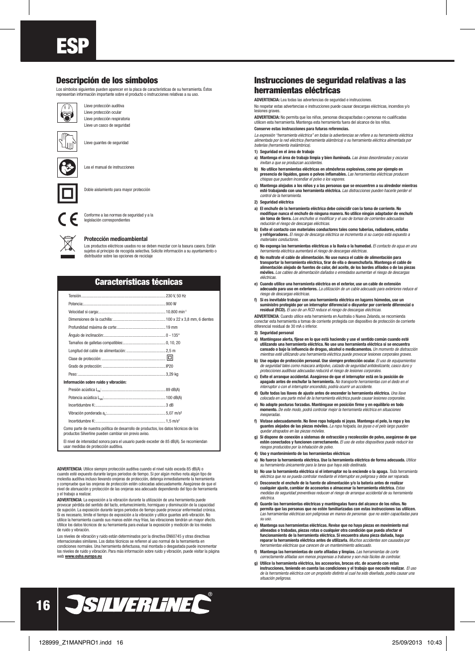 Características técnicas, Descripción de los símbolos | Silverline 900W Biscuit Joiner User Manual | Page 17 / 28