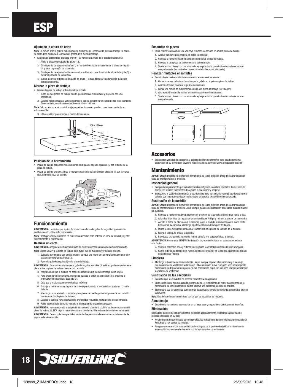 Funcionamiento, Accesorios, Mantenimiento | Silverline 900W Biscuit Joiner User Manual | Page 19 / 28