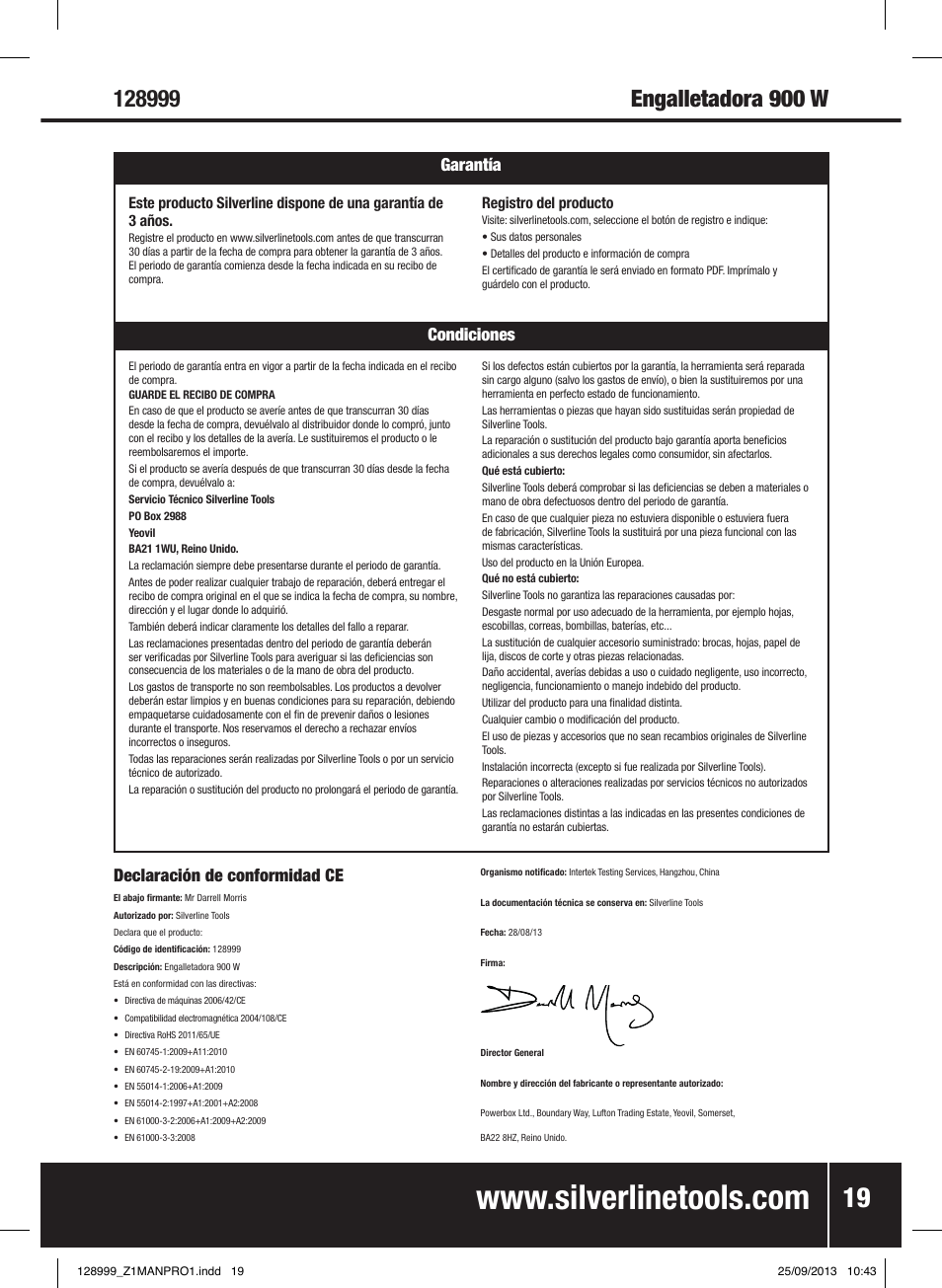 Garantía silverline tools condiciones garantía, Declaración de conformidad ce | Silverline 900W Biscuit Joiner User Manual | Page 20 / 28