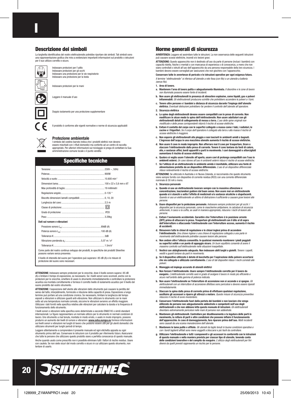 Norme generali di sicurezza, Specifiche tecniche, Descrizione dei simboli | Protezione ambientale | Silverline 900W Biscuit Joiner User Manual | Page 21 / 28