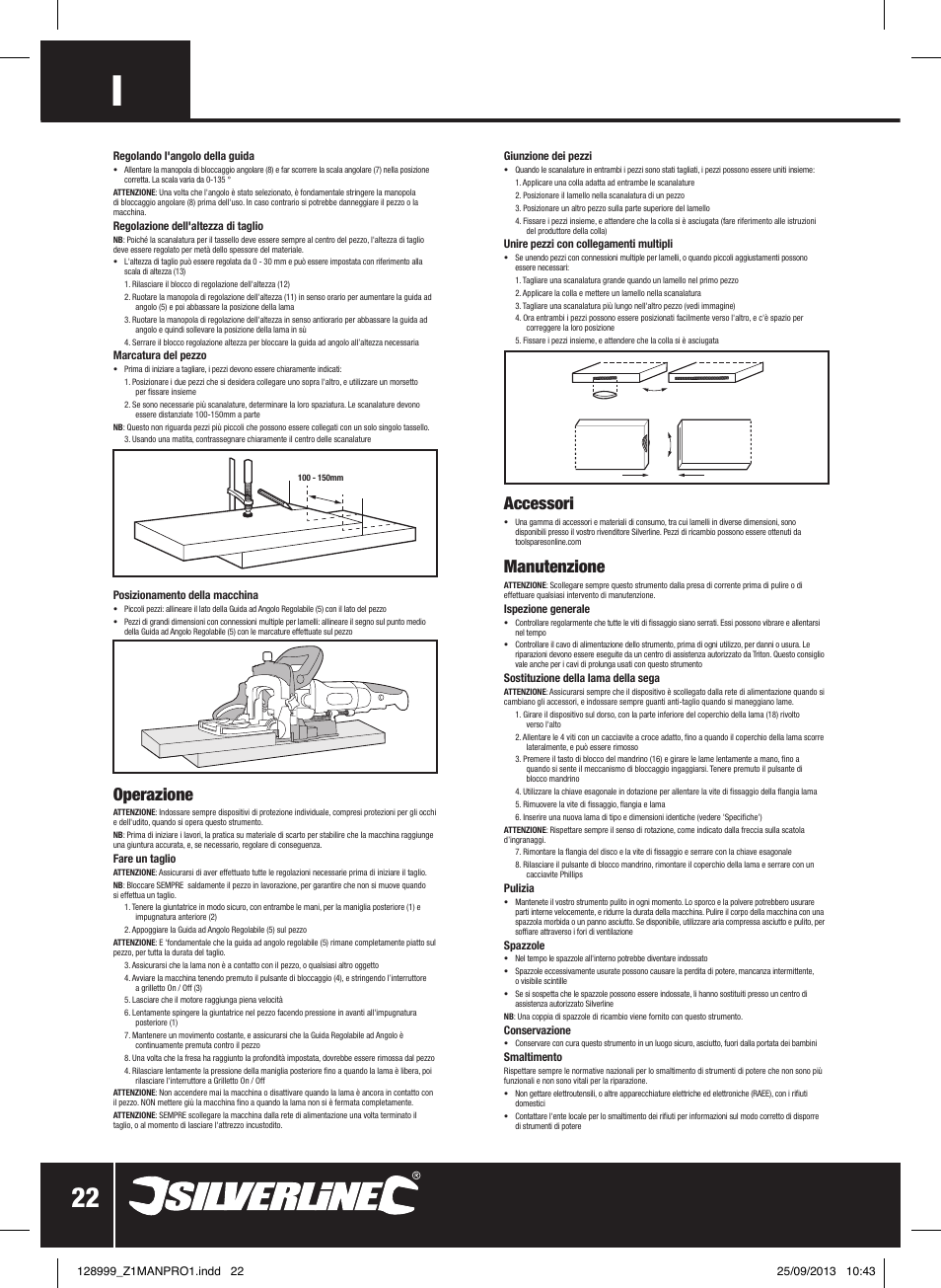 Operazione, Accessori, Manutenzione | Silverline 900W Biscuit Joiner User Manual | Page 23 / 28