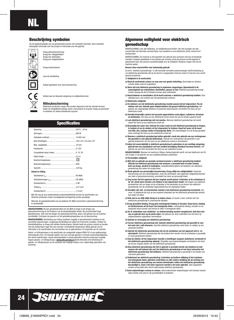 Algemene veiligheid voor elektrisch gereedschap, Specificaties, Beschrijving symbolen | Milieubescherming | Silverline 900W Biscuit Joiner User Manual | Page 25 / 28