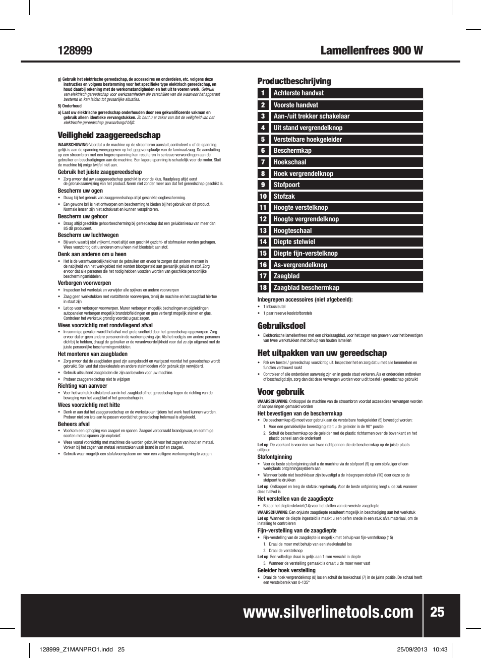 Veiligheid zaaggereedschap, Gebruiksdoel, Het uitpakken van uw gereedschap | Voor gebruik, Productbeschrijving | Silverline 900W Biscuit Joiner User Manual | Page 26 / 28