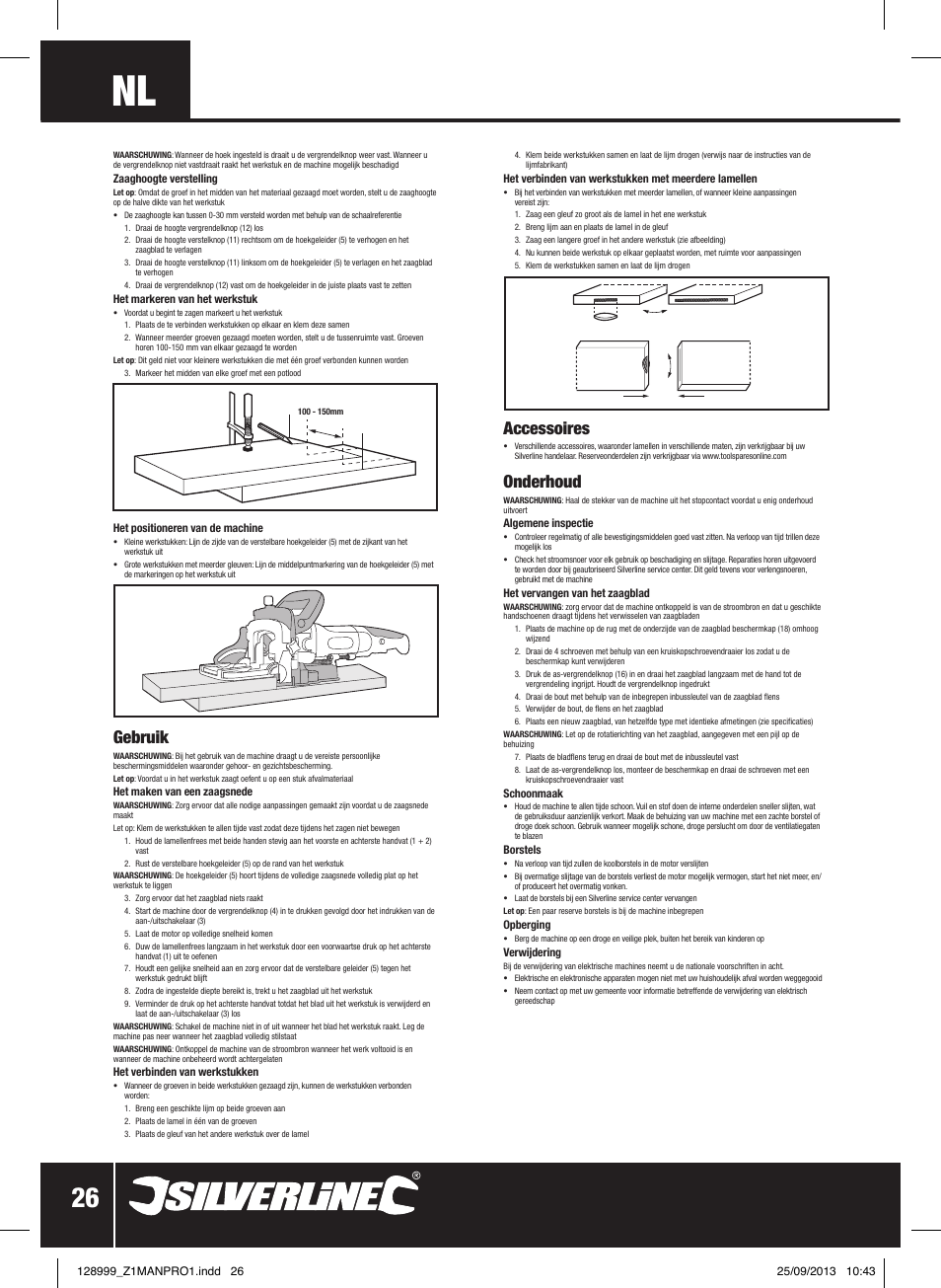 Gebruik, Accessoires, Onderhoud | Silverline 900W Biscuit Joiner User Manual | Page 27 / 28