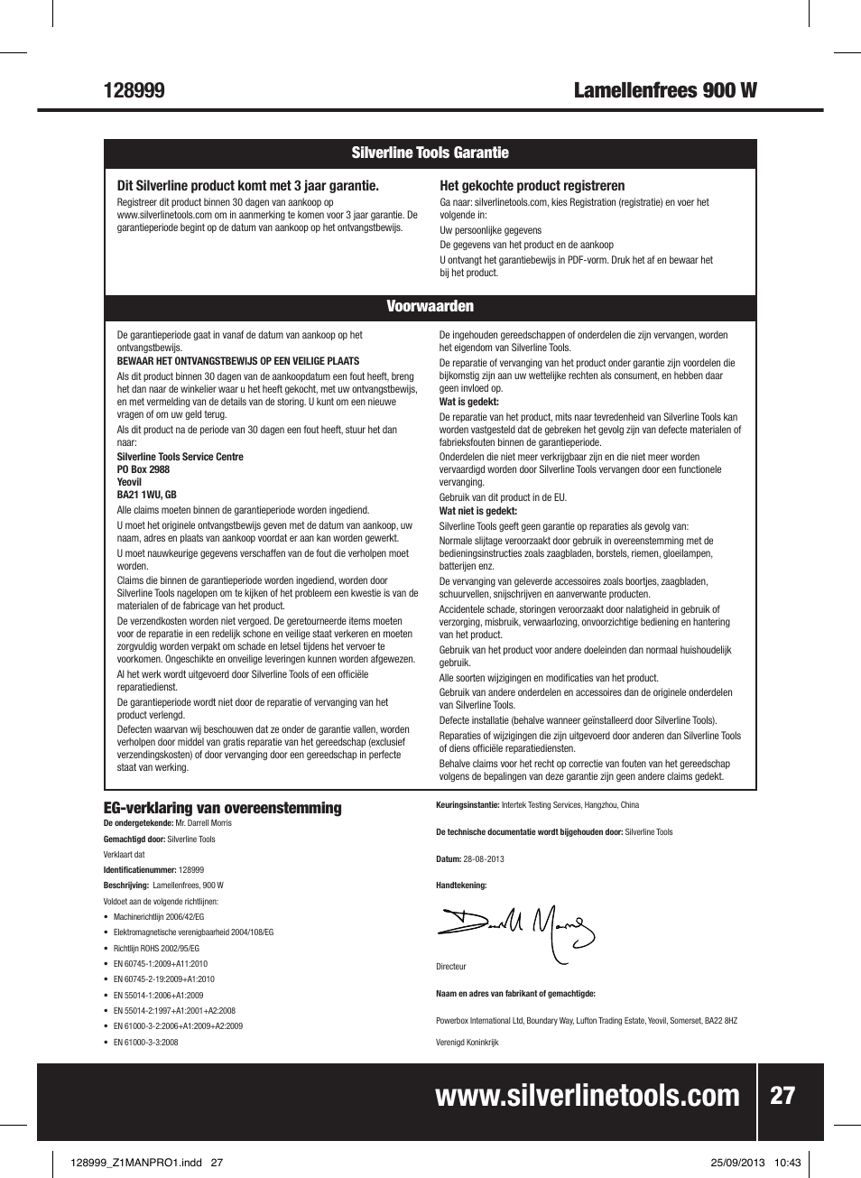 Voorwaarden silverline tools garantie, Eg-verklaring van overeenstemming | Silverline 900W Biscuit Joiner User Manual | Page 28 / 28