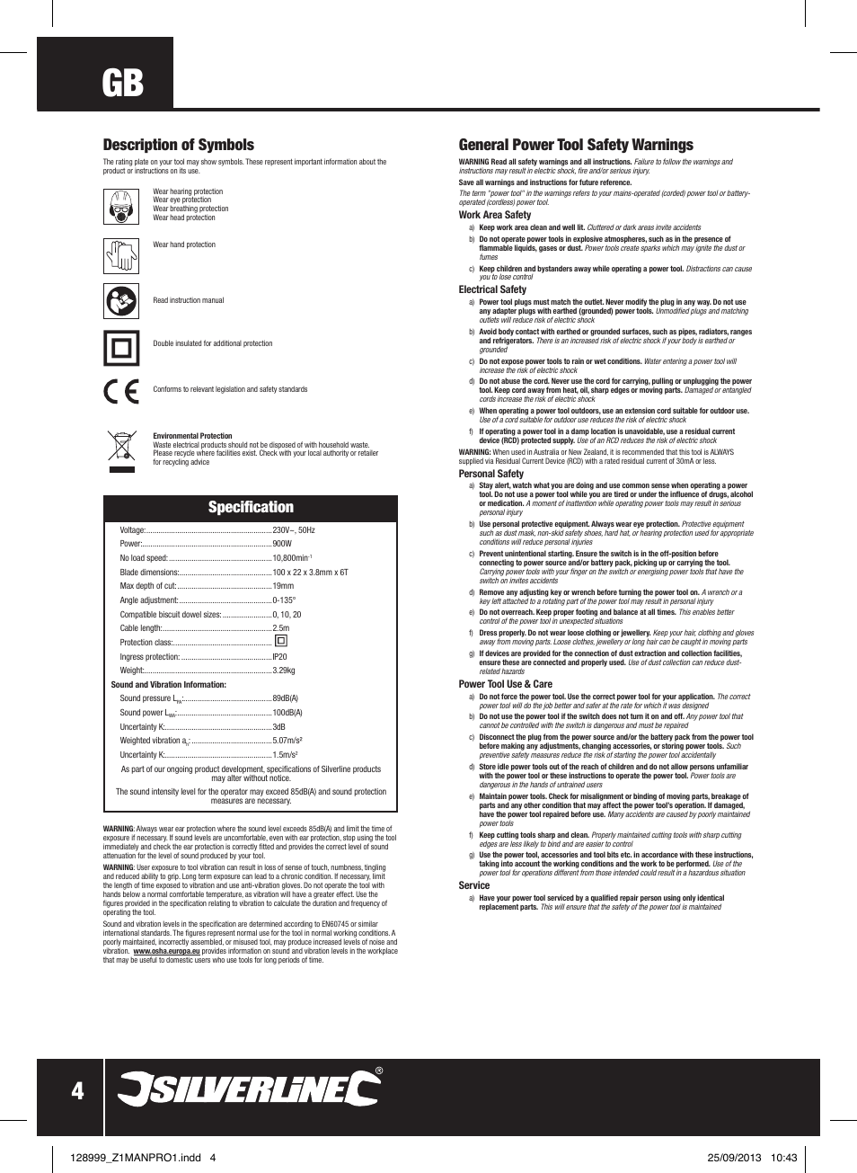 General power tool safety warnings, Specification, Description of symbols | Silverline 900W Biscuit Joiner User Manual | Page 5 / 28