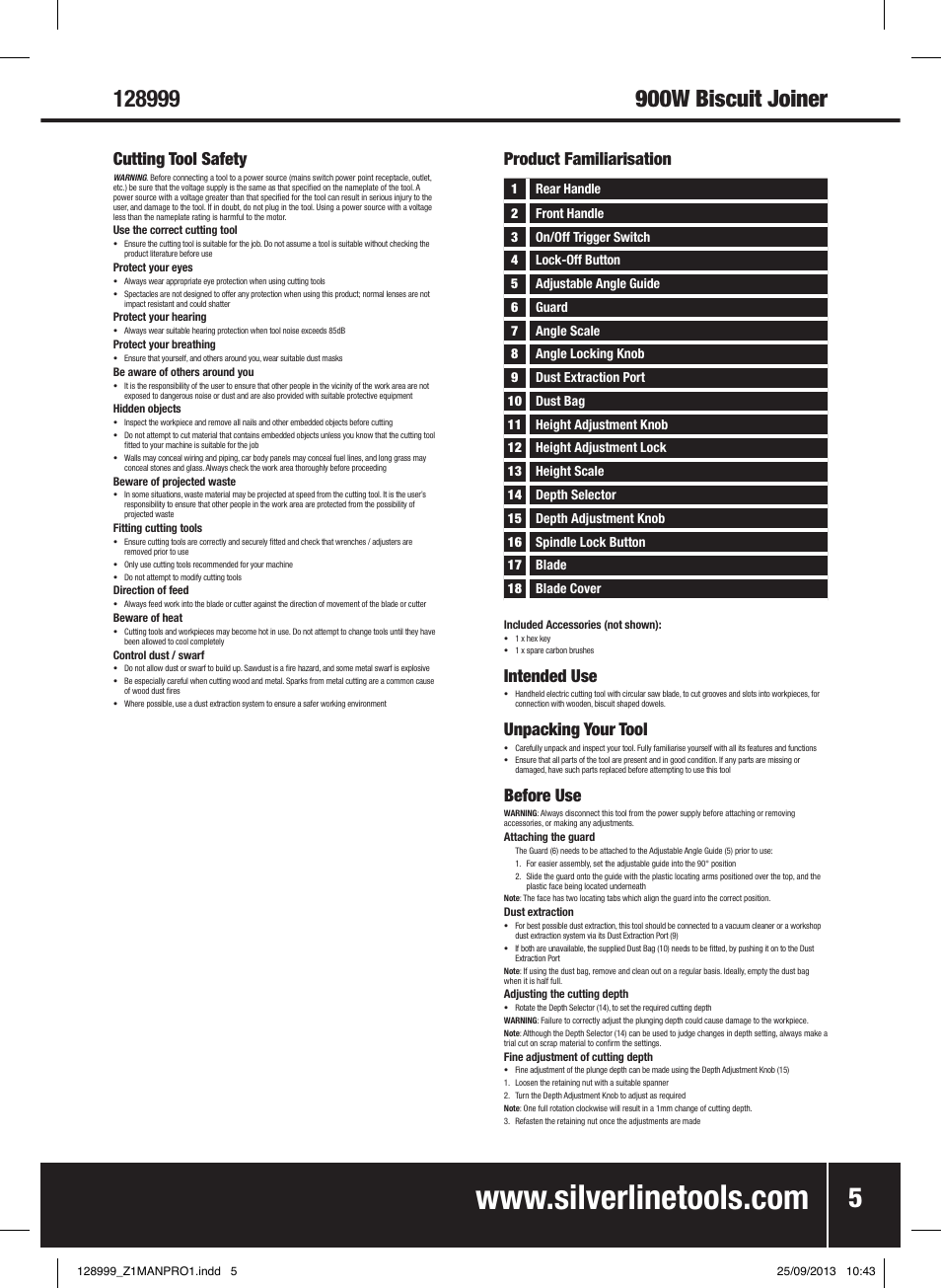 900w biscuit joiner, Cutting tool safety, Product familiarisation | Intended use, Unpacking your tool, Before use | Silverline 900W Biscuit Joiner User Manual | Page 6 / 28