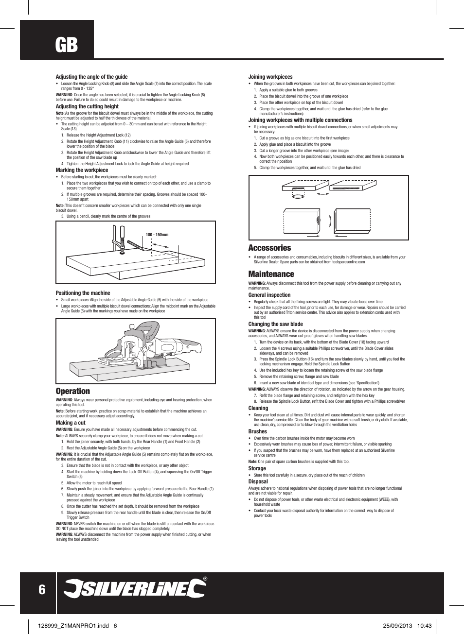 Operation, Accessories, Maintenance | Silverline 900W Biscuit Joiner User Manual | Page 7 / 28
