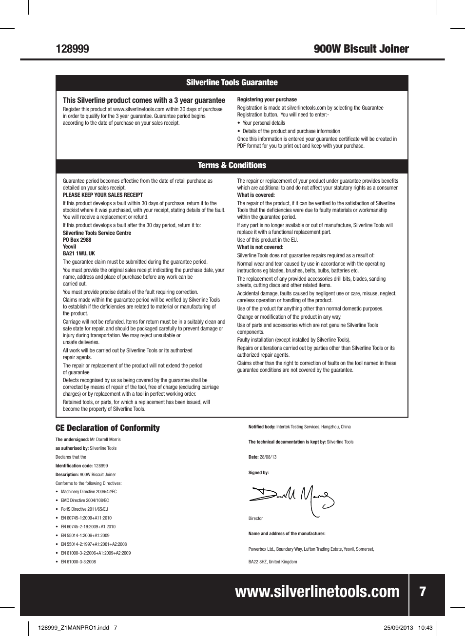 Ce declaration of conformity, Terms & conditions silverline tools guarantee | Silverline 900W Biscuit Joiner User Manual | Page 8 / 28