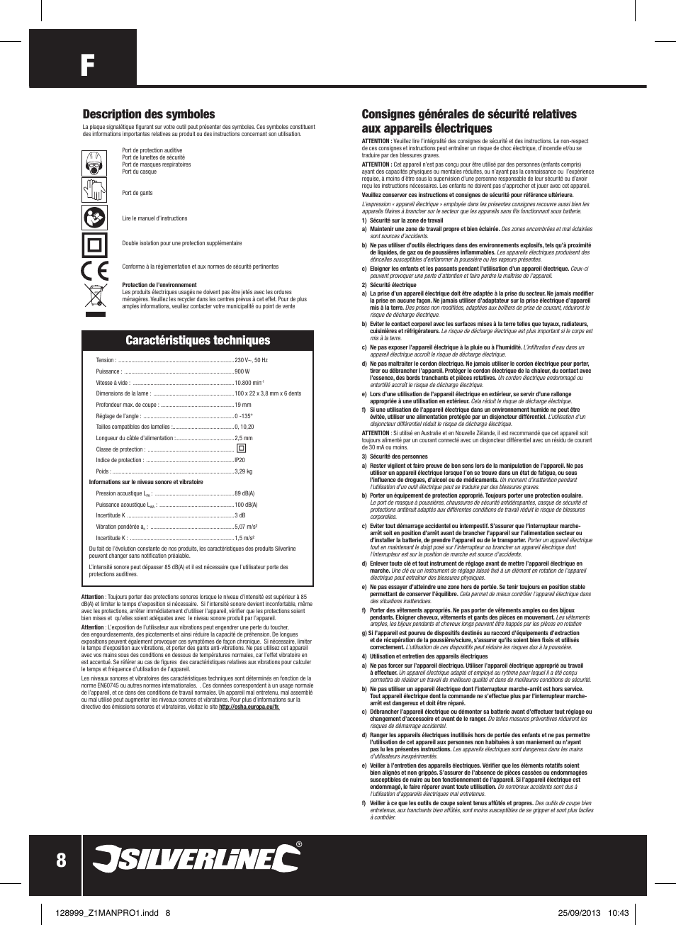 Caractéristiques techniques, Description des symboles | Silverline 900W Biscuit Joiner User Manual | Page 9 / 28