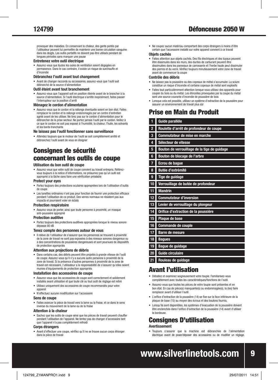 Avant l’utilisation, Consignes d’utilisation, Prise en main du produit | Silverline 2050W 1/ Plunge Router User Manual | Page 10 / 28