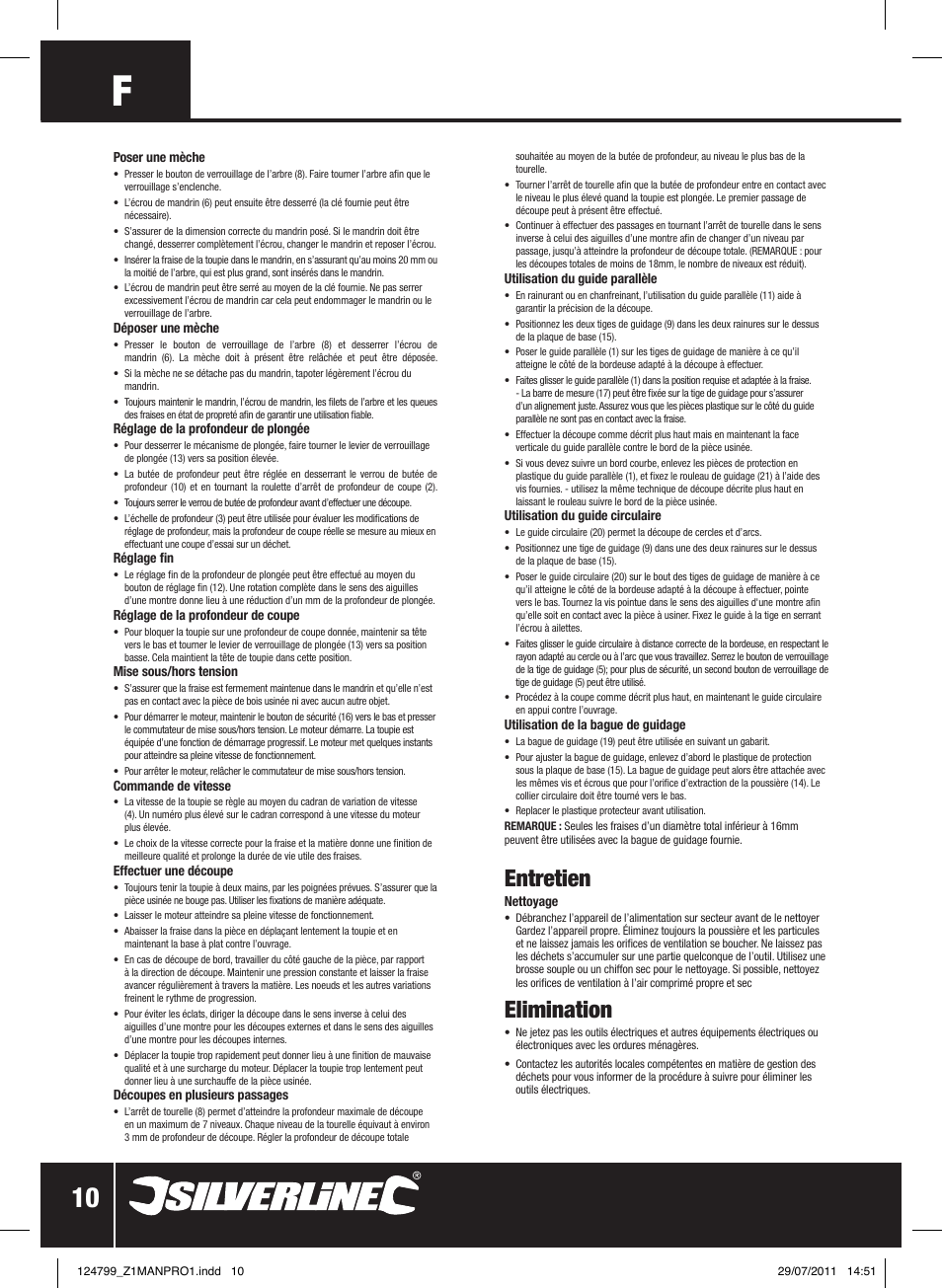 Entretien, Elimination | Silverline 2050W 1/ Plunge Router User Manual | Page 11 / 28