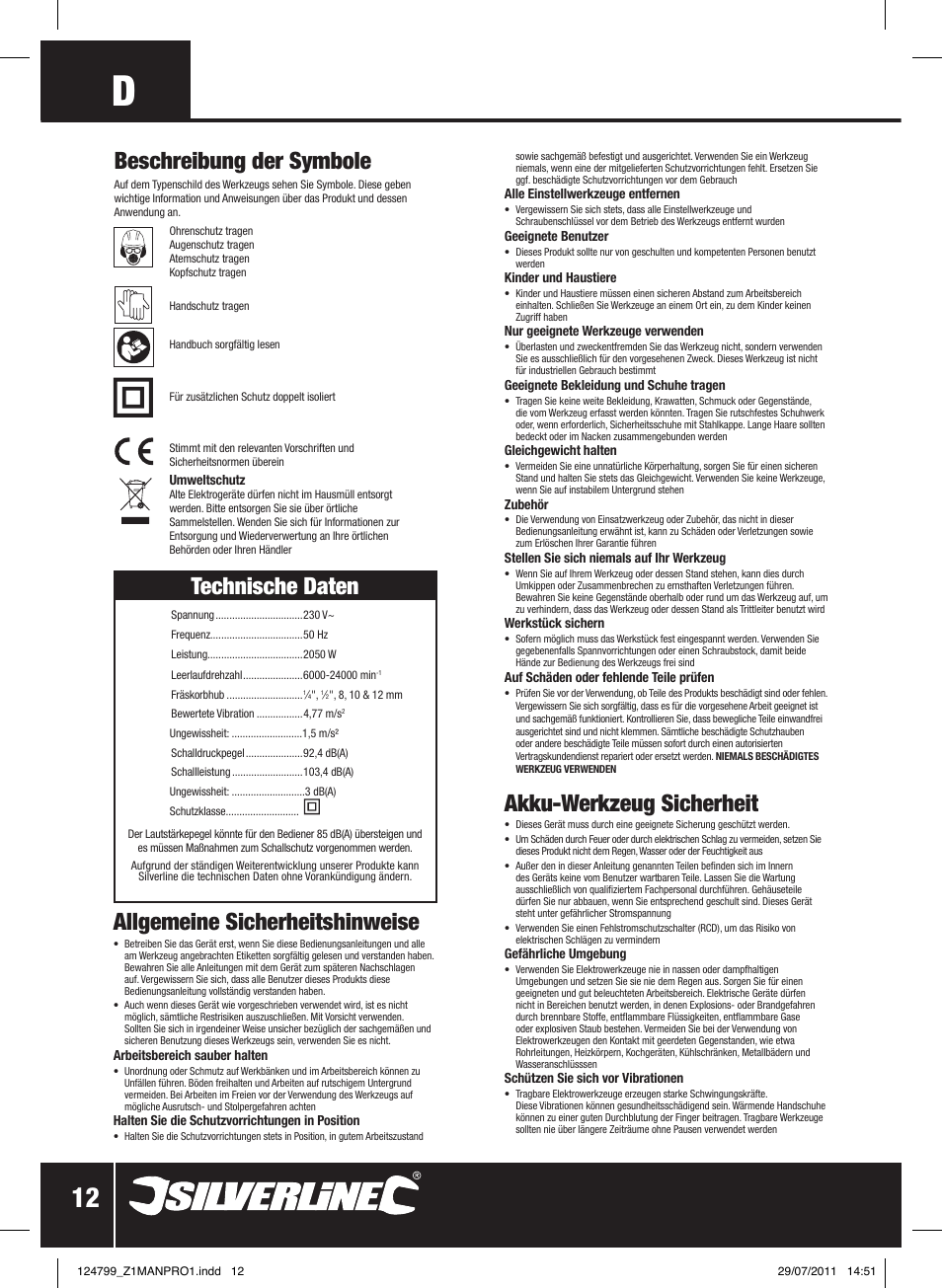 Technische daten, Akku-werkzeug sicherheit, Allgemeine sicherheitshinweise | Beschreibung der symbole | Silverline 2050W 1/ Plunge Router User Manual | Page 13 / 28