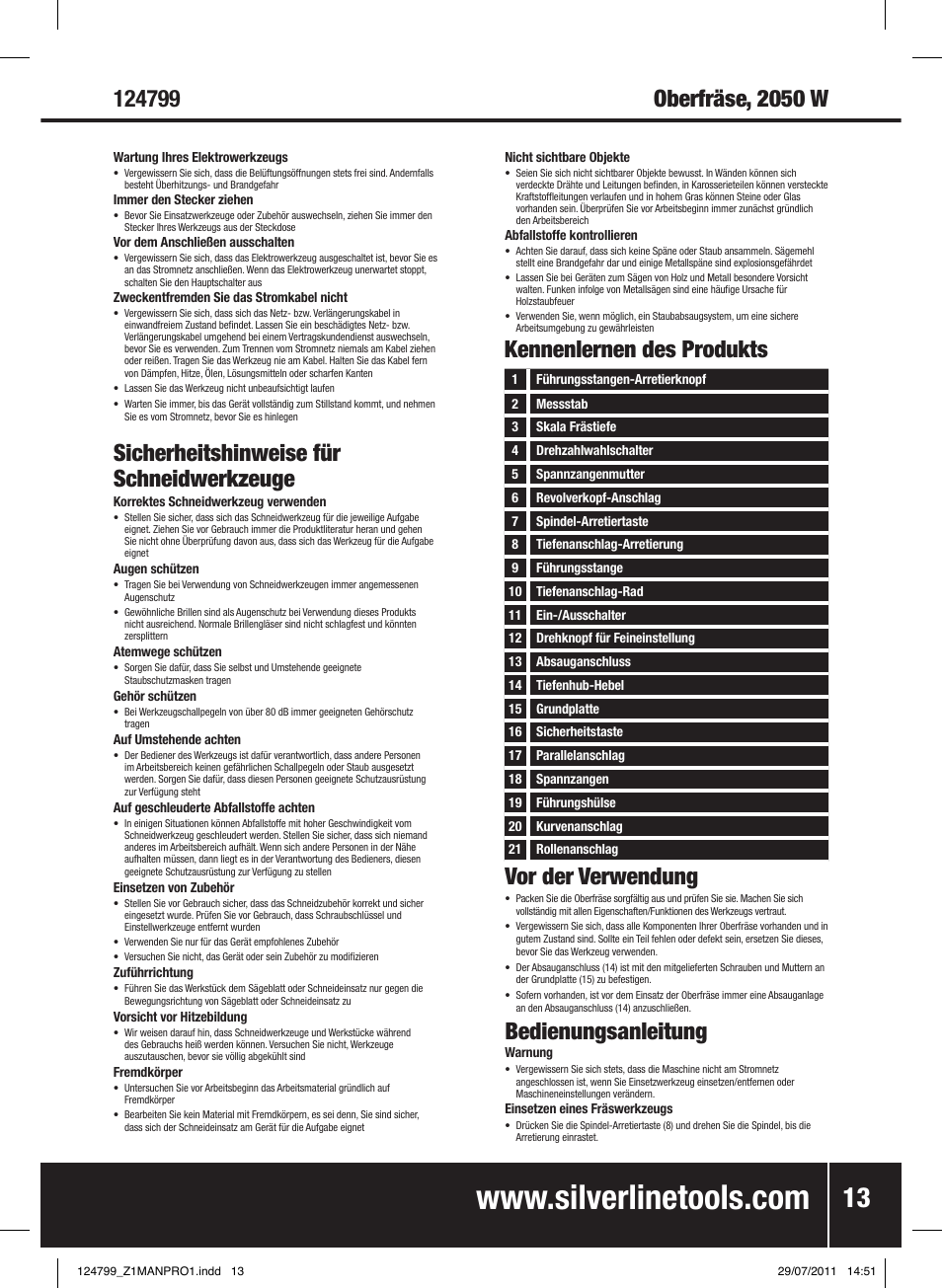 Vor der verwendung, Bedienungsanleitung, Sicherheitshinweise für schneidwerkzeuge | Kennenlernen des produkts | Silverline 2050W 1/ Plunge Router User Manual | Page 14 / 28