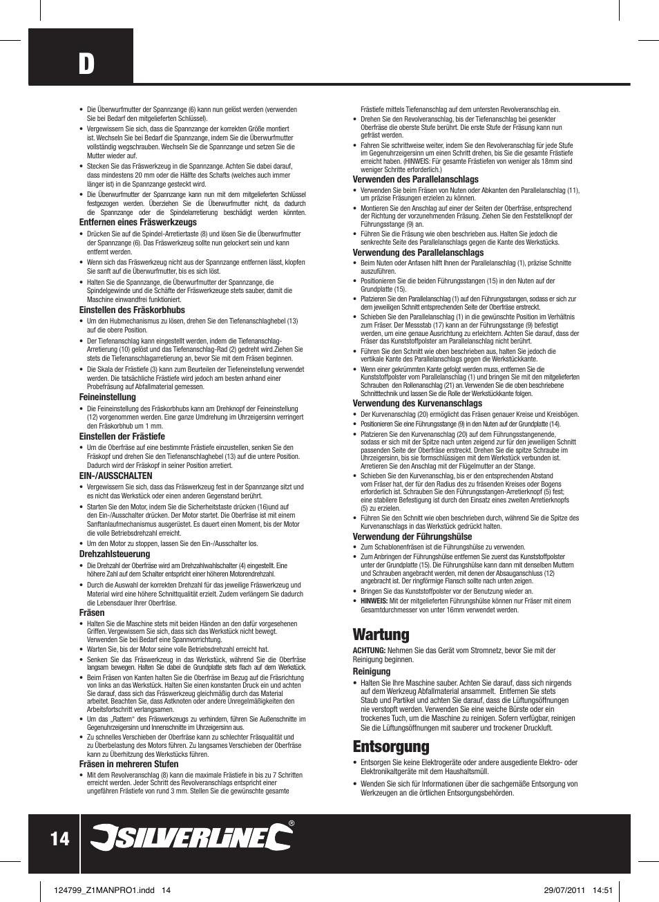 Wartung, Entsorgung | Silverline 2050W 1/ Plunge Router User Manual | Page 15 / 28