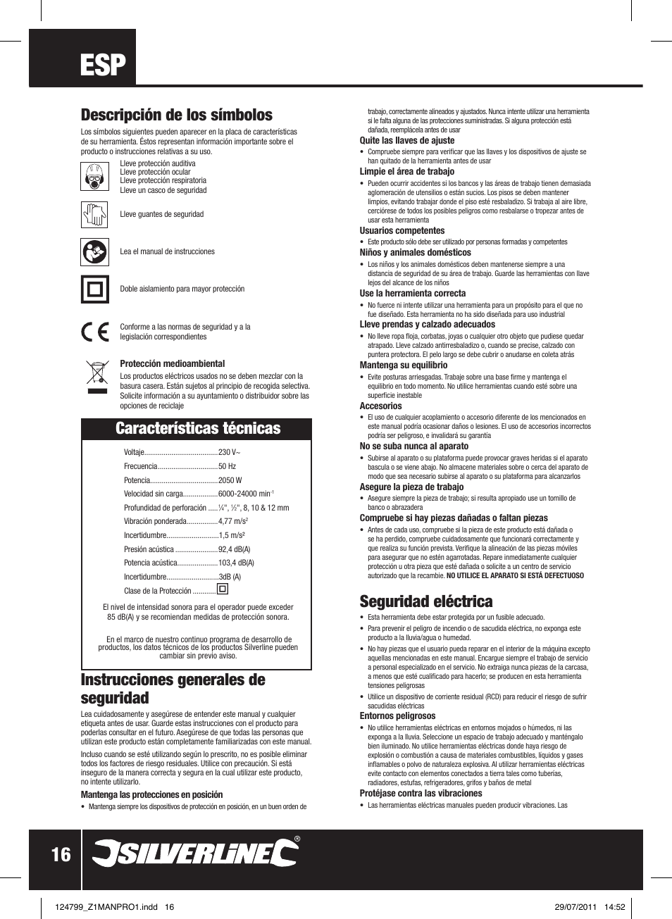 Características técnicas, Seguridad eléctrica, Instrucciones generales de seguridad | Descripción de los símbolos | Silverline 2050W 1/ Plunge Router User Manual | Page 17 / 28
