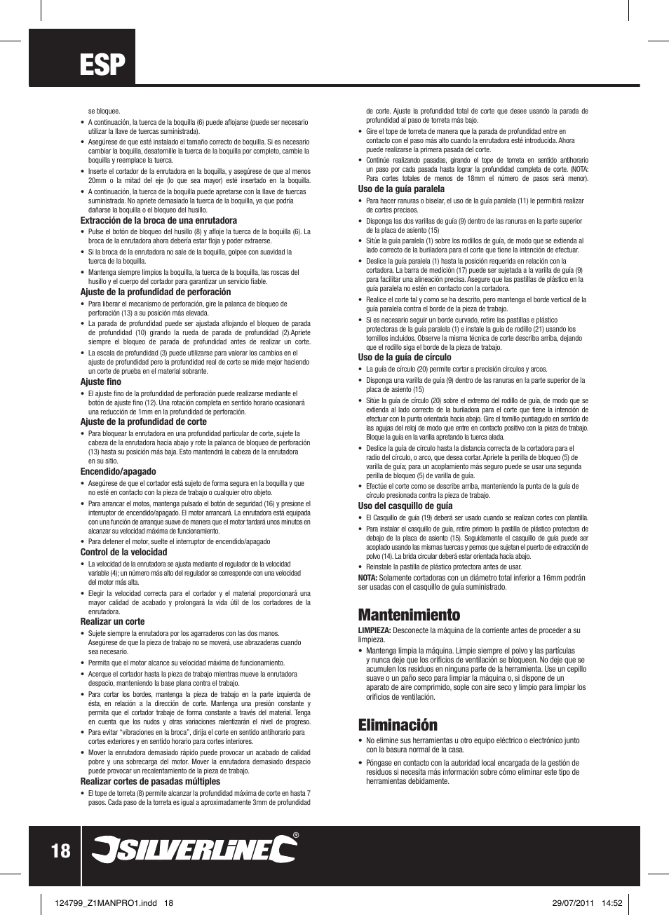 Mantenimiento, Eliminación | Silverline 2050W 1/ Plunge Router User Manual | Page 19 / 28