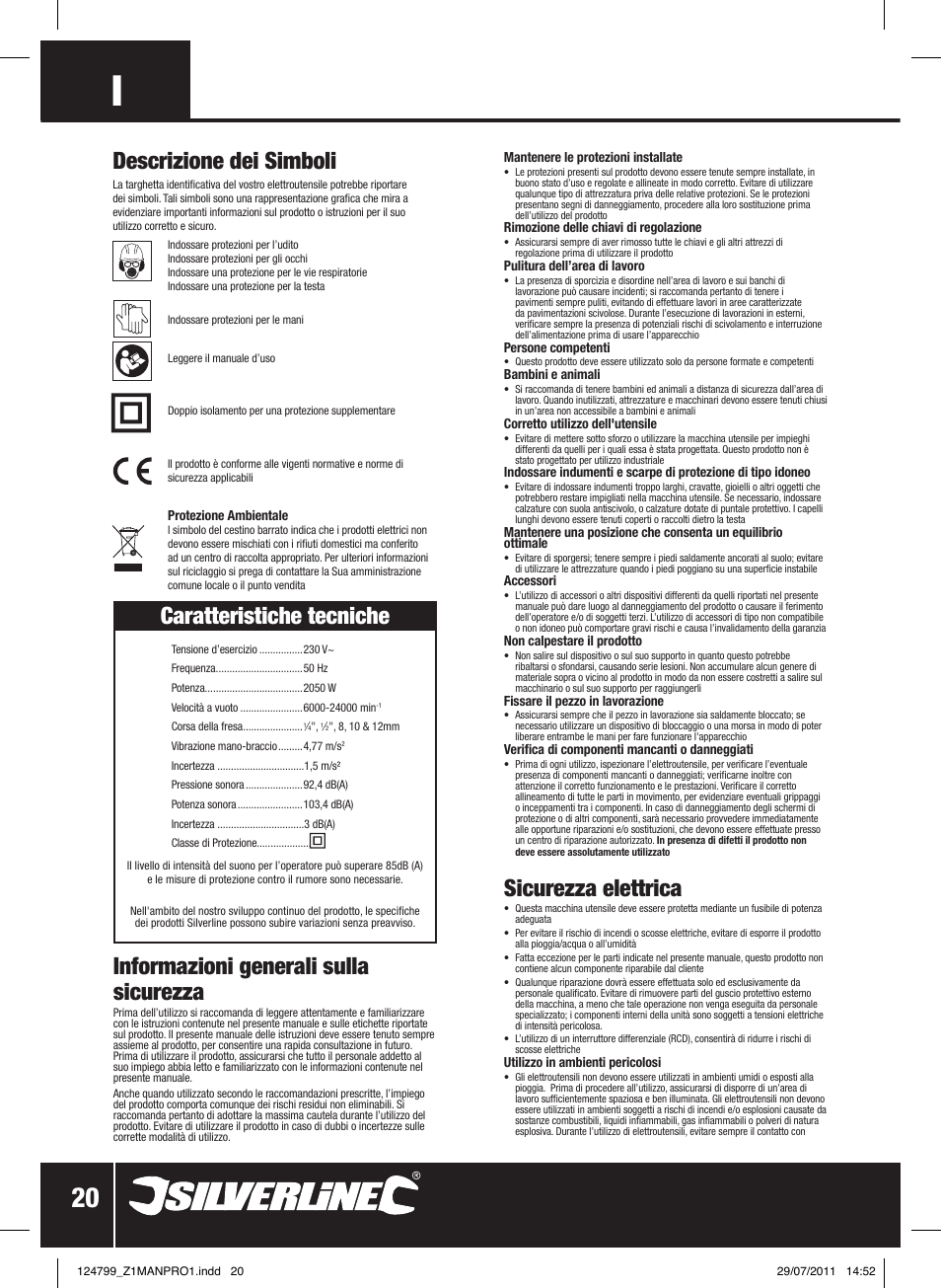 Caratteristiche tecniche, Sicurezza elettrica, Informazioni generali sulla sicurezza | Descrizione dei simboli | Silverline 2050W 1/ Plunge Router User Manual | Page 21 / 28