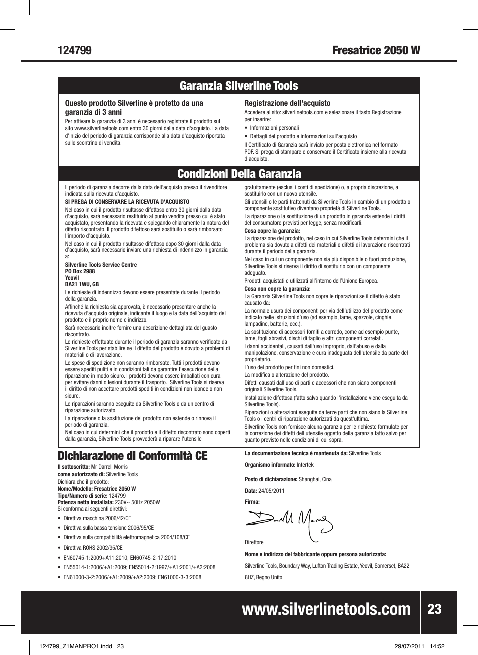 Dichiarazione di conformità ce | Silverline 2050W 1/ Plunge Router User Manual | Page 24 / 28