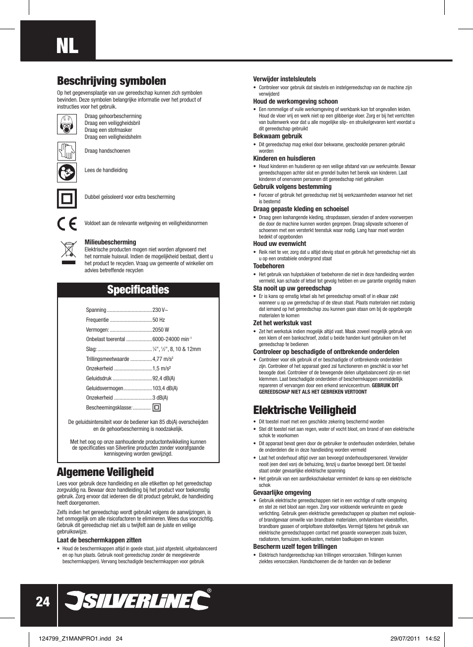 Specificaties, Elektrische veiligheid, Algemene veiligheid | Beschrijving symbolen | Silverline 2050W 1/ Plunge Router User Manual | Page 25 / 28
