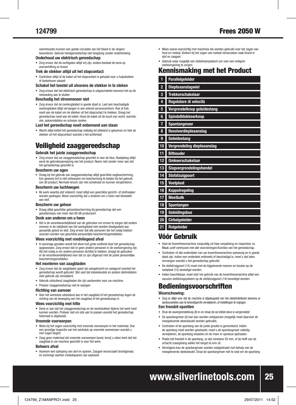 Vóór gebruik, Bedieningsvoorschriften, Veiligheid zaaggereedschap | Kennismaking met het product | Silverline 2050W 1/ Plunge Router User Manual | Page 26 / 28