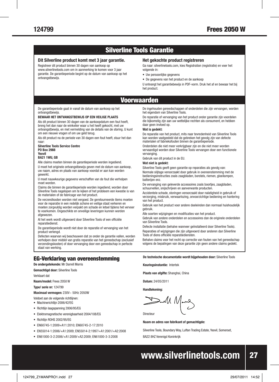 Voorwaarden silverline tools garantie, Eg-verklaring van overeenstemming | Silverline 2050W 1/ Plunge Router User Manual | Page 28 / 28