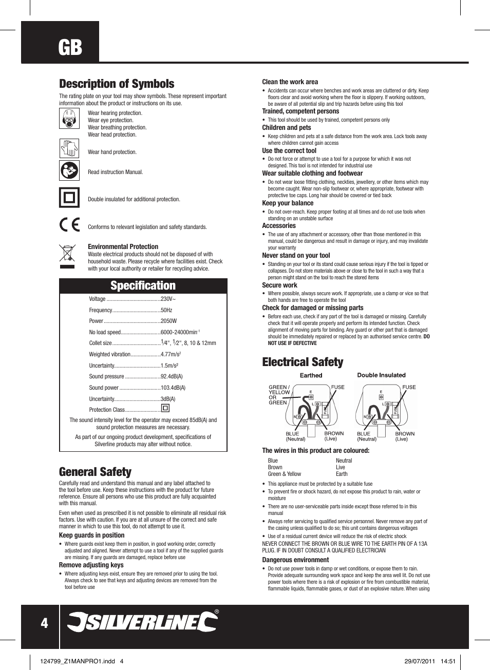 Electrical safety, Specification, General safety | Description of symbols | Silverline 2050W 1/ Plunge Router User Manual | Page 5 / 28