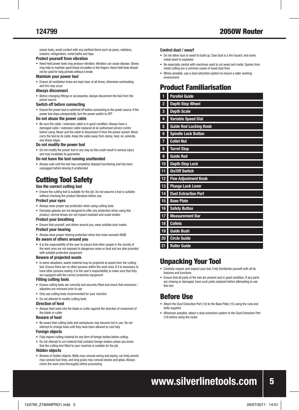 Unpacking your tool, Before use, Product familiarisation | Cutting tool safety | Silverline 2050W 1/ Plunge Router User Manual | Page 6 / 28
