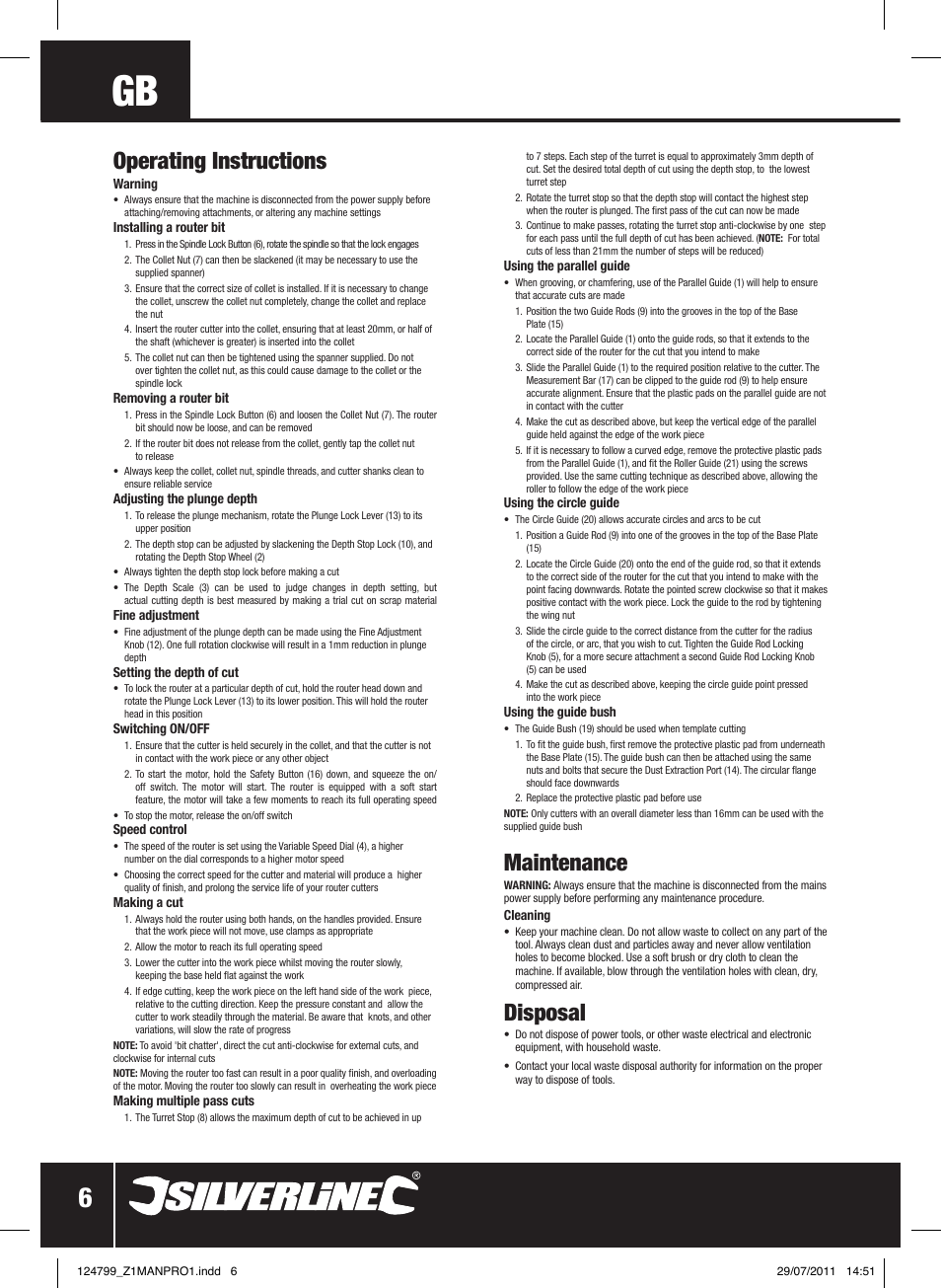 Operating instructions, Maintenance, Disposal | Silverline 2050W 1/ Plunge Router User Manual | Page 7 / 28